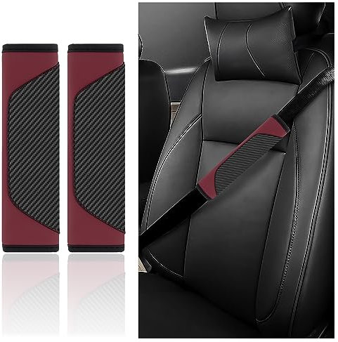 2 Stück Gurtpolster Auto - Carbonfaser-Sicherheitsgurt Polster für Schulter Schutz & Auto Deko - Universelle Auto Zubehör Innenraum Autogurt Polster für Auto LKW SUV Wohnmobil (Burgunderrot)