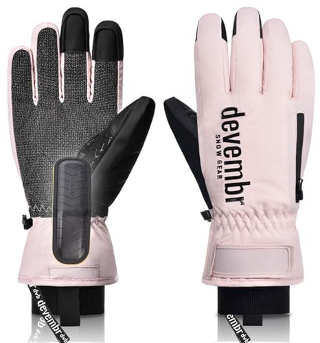 devembr Skihandschuhe mit Handgelenkschutz und Untermanschetten-Design, Snowboardhandschuhe Touchscreen, Rosa, S