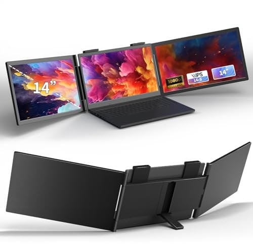 Laptop Triple Screen Extender Monitor Portable 14 inch FHD 1080P IPS Laptop Screen Extender, 3 USB-C Full-featured Plugs for Windows Mac Android Chrome, Switch & PS5, Work with 14”-16” Laptops