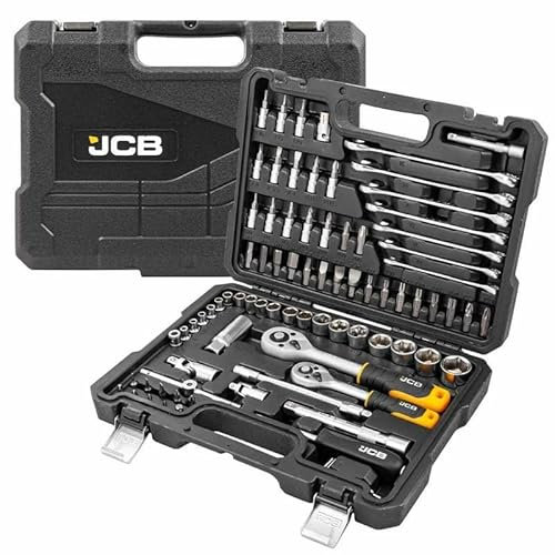JCB 82 Piece Tool Set, 1/4 & 3/8 Drive Range of Sockets, Bits, and Accessories, Made from Chrome for Assembly, Repair, and Maintenance Tasks, Professionals, Mechanics Car Owners