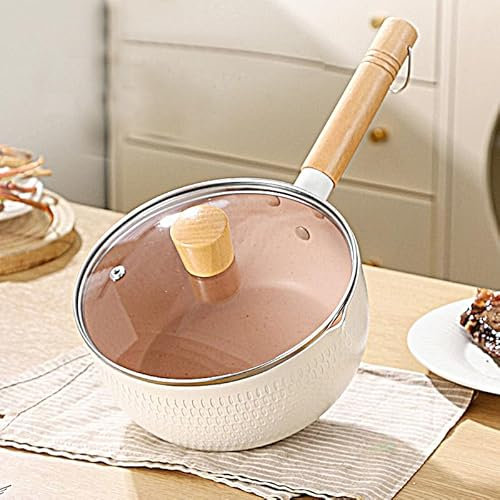 NNYCC Casserole Ceramique avec Couvercle en Verre Marmite Induction avec Manche en Bois Lavable Au Lave-Vaisselle Casseroles Tout Feu,Blanc,20cm