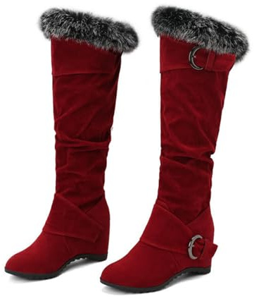 FUIPOT Stivali da Neve, Stivali Alti Fino al Ginocchio in Velluto, Punta Tonda, Zeppa, Stivali Alti Fino al Ginocchio in Velluto, Suola Spessa, Stivali Alti Fino al Ginocchio Velluto,Rosso,39 EU