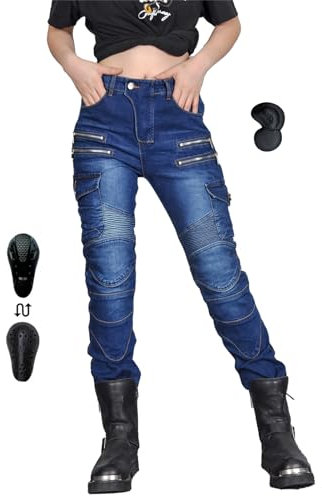 Motorradhose Damen mit Protektoren, Stretch Motorrad Jeans Damen für Sommer/Winter (Blau,XL)