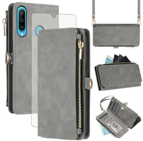 Asuwish Coque pour Huawei P30 Lite Portefeuille avec Verre Trempé et Cordon Porte Carte Cuir à Clapet RFID Mandala Support HuweiP30Lite Hawaii P 30 Nova 4E MAR-LX1A MAR-LX1B Téléphone Case Femme Gris