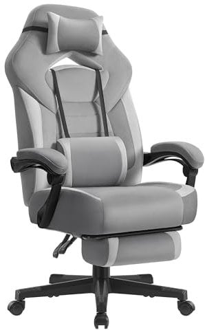 SONGMICS Silla Gaming, Silla de Oficina, Ordenador, Diseño Ergonómico, con Reposapiés, Reposacabezas Ajustable, Cojín Lumbar, Capacidad de Carga 150 kg, Gris Pizarra y Gris Paloma OBG077G02