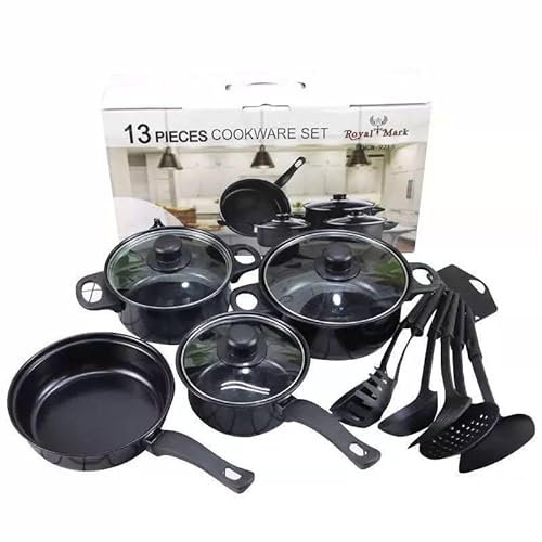 Royal Mark Set di Pentole 13 Pezzi, Set da Cucina Antiaderente con Coperchi in Vetro, Padelle e Utensili da Cucina, Nero