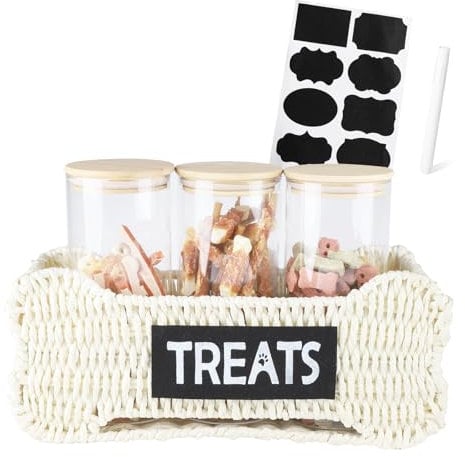 Ctomche Dog Treat Jar Set of 3,Airtight Dog Food Storage Container,Glass Puppy Treat Tin with Wicker Basket,Clear Pet Cat Biscuit Tin,Pet Food container with Bamboo Lid,Dry Cat Food Box for Kitchen
