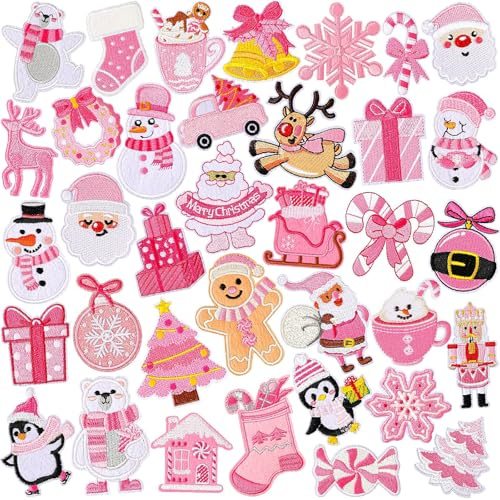 AUGSUN 36pcs Pink Christmas Iron on Patches Xmas Embroidered Sew Applique | Santa Claus Christmas Tree Wreath Snowman Elk Reindeer Patches, Christmas DIY Crafts, For Clothing Jacket Jeans Pants Decor