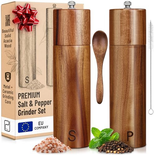 Juego de molinillos de sal y pimienta prémium - 28 g, molinillos de madera maciza deacacia - Molinillos manuales de sal gruesa y pimienta recargables - Moderno/rústico