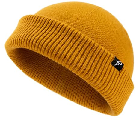 Comhats XL/XXL Fisherman Beanie Trawler Beanie Herren Damen Wintermuetze Strickmuetze Winter Senfgelb M/L