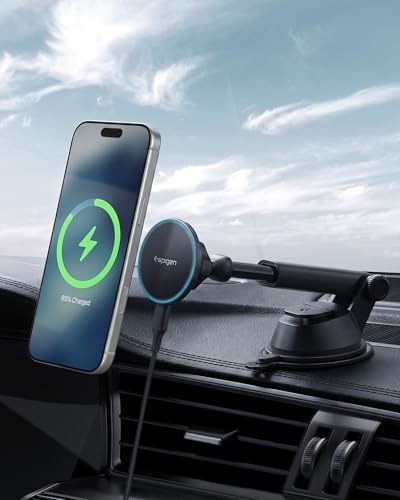 Spigen Essential MagFit Qi2 15W MagSafe Autoladegerät [inkl. 1,5 m Kabel] RGB-LED-Beleuchtung, Kabellose Handyhalterung N52, Starker Magnet, Kompatibel mit iPhone 17 16 15 14 13 12 – Armaturenbrett