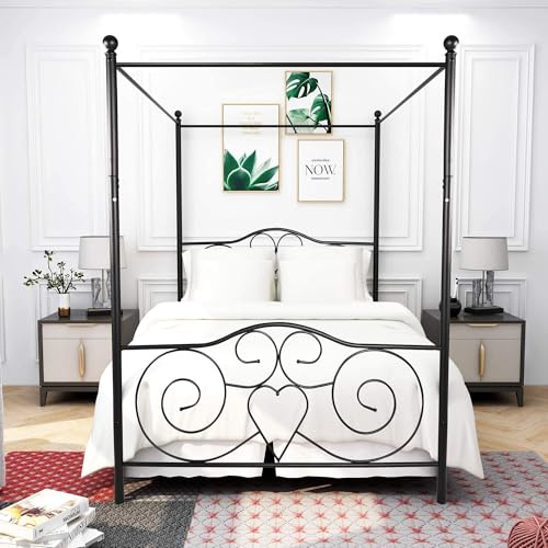 HAHRIR Estructura de cama con dosel de 120 x 200 cm, estructura de metal, cabecero y pie de cama con diseño de corazón, láminas y soportes de acero muy resistentes, cabecero y pie de cama no incluidos