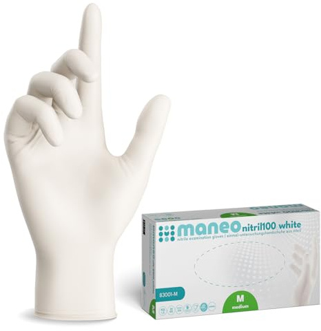 maneo 1000 gants jetables blancs taille M, protections en nitrile non poudrées sans latex, articles en caoutchouc à usage unique, protection résistante pour nettoyage, cuisine et travaux ménagers
