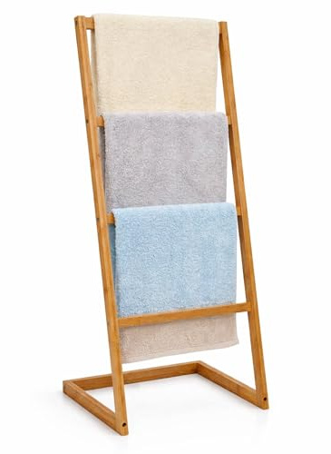 TOPVALEUR Bamboo Towel Rack Freestanding Towel Rail and Towel Holder with Four Hanging Bars for Bathroom Storage and Clothes Drying Stand