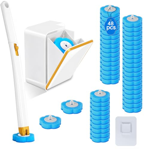 Vicloon Escobilla Baño Desechable, 48 Piezas WC Cepillo Rellenos de Detergente Limpiador incorporado con 40cm Mango Limpiador Extralargo y Caja de Almacenamiento de Pared, Instalación con un Solo Clic