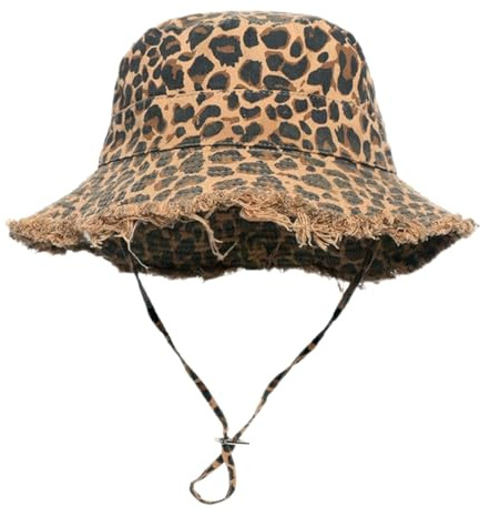 KASESSS Leopardenmuster Fischerhut für Damen, Vintage Gewaschen Ausgefranster Rand Sonnenhut mit Verstellbarem Kinnriemen, Trend Fischerhut Damen Faltbar Fischerhüte für Outdoor Alltag Reisen Strand