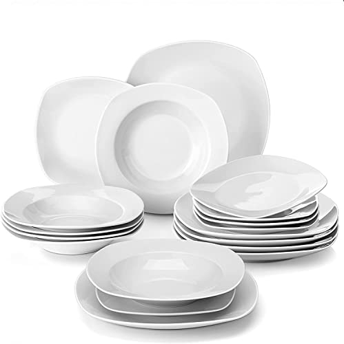 MALACASA, Serie Elisa - Vajilla de porcelana (18 piezas, 6 platos llanos, platos de postre, platos hondos para 6 personas)