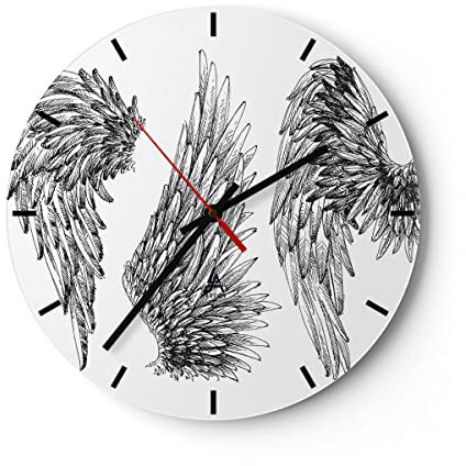 Modern Wanduhr Zeichnung Engel Flügel Federn 30x30cm Rund Klein Wand Uhr Glas Analog Zimmeruhren Küche Büro Wohnzimmer Glasuhr Wall Clock Dekoration Design Wanddekoration Küchenuhr C3AR30x30-2950