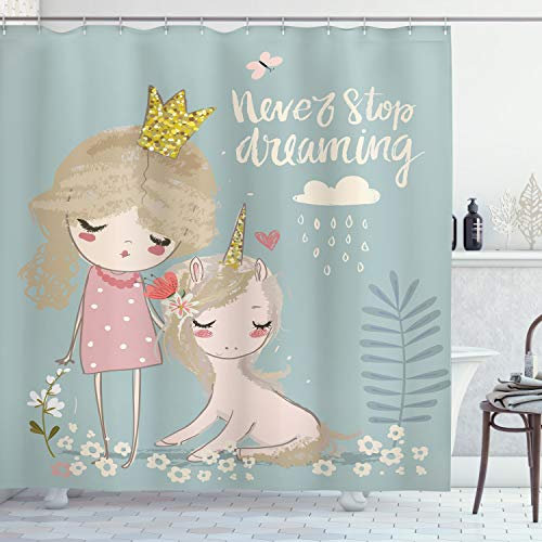 ABAKUHAUS Zitat Duschvorhang, Prinzessin Girl Einhorn, Stoffliches Gewebe Badezimmerdekorationsset mit Haken, 175 x 180 cm, Blaugrau Rosa