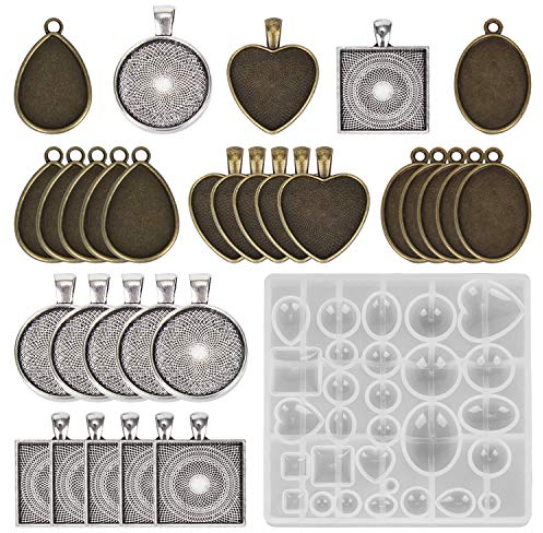 30 Pieces Pendant Trays for DIY Making, 5 Styles Blank Round & Square & Heart & Teardrop & Oval Pendant Trays and 1PCS Resin Mold for Necklaces Bracelet Keyring Crafting DIY Gift Making