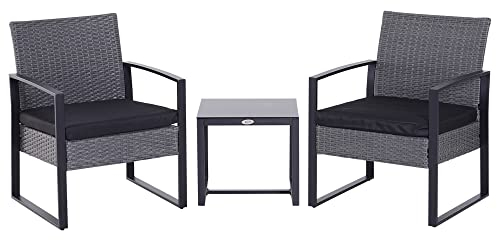 Outsunny 3 Pieces Rattan Bistro Set, Wicker Garden Furniture Set with Glass Top Coffee Table and Chairs, Washable Cushions, for Outdoor, Patio, Balcony, Grey