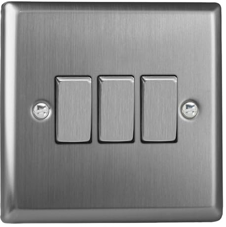 Varilight Triple Rocker Light Switch 2-Way - Classic Brushed Steel With Brushed Steel Rockers, XT3D