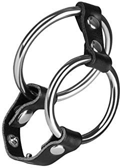 EIS Penis-Hoden-Ring-Set aus Lederimitat | größenverstellbar und intensiver Blutstaueffekt | stilvolle Druckknöpfe mit Blumen | Schwarz | 3,5 & 4,5 cm