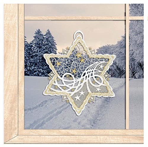 atelier alles-Spitze Zauberhaftes Winter-Fensterbild Eisstern in Weiß und Gold | Wiederverwendbare Fensterdekoration aus eleganter Luft-Spitze | Breite x Höhe 20 x 23 cm