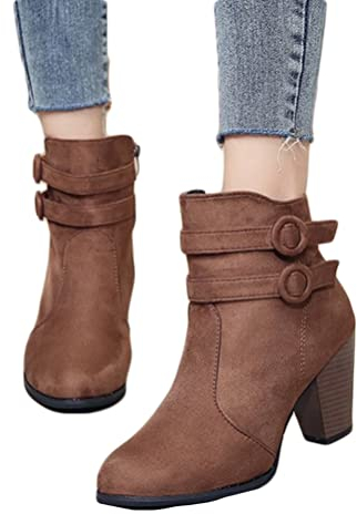 Minetom Stivali Donna Invernali Stivaletti Camoscio Tacco A Blocco Cerniera Stivali Corti Scarpe Hasp Outdoor Ankle Boots A Marrone 38 EU
