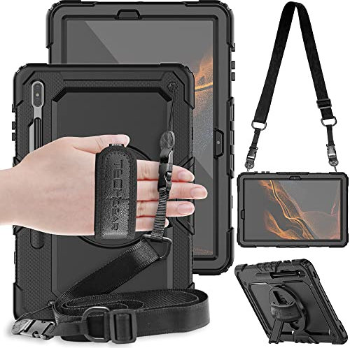 TECHGEAR UTILITY Case fits Samsung Galaxy Tab S8 Plus (S8+) 12.4 (SM-X800 / SM-X806) Tough Rugged HEAVY DUTY Armour Shockproof Impact Case with 360 Rotating Stand, Hand Strap and Shoulder Strap