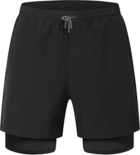 HOPLYNN Mens Running 2 in 1 Sports Shorts Breathable Outdoor Workout Training Shorts with Pockets Black 2XL