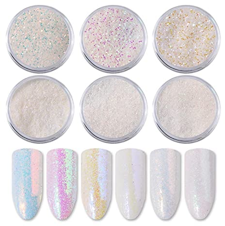 Suxgumoe Nail Glitter Powder, 6 Color Chrome Nail Powder Aurora Pearl White Nail Powder Holographic Mermaid Mirror Effect Glitter Sequins for Nail Art Decoration, 50 g