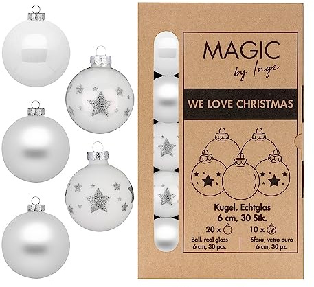 Weihnachtskugeln Glas 6cm x 30 Stück mit Sternenmuster in Kartonbox Christbaumkugeln Just White