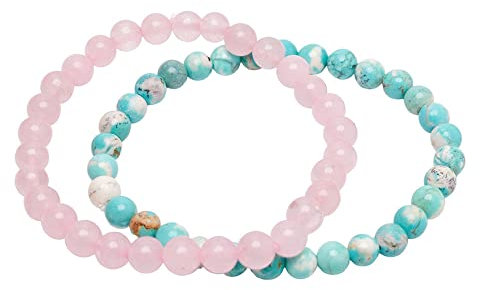 TreasureBay Handmade Womens Mens 6mm Gemstone Bracelet | Natural Gemstone Beaded Stretchy Bracelet (Rose Quartz + Turquoise)