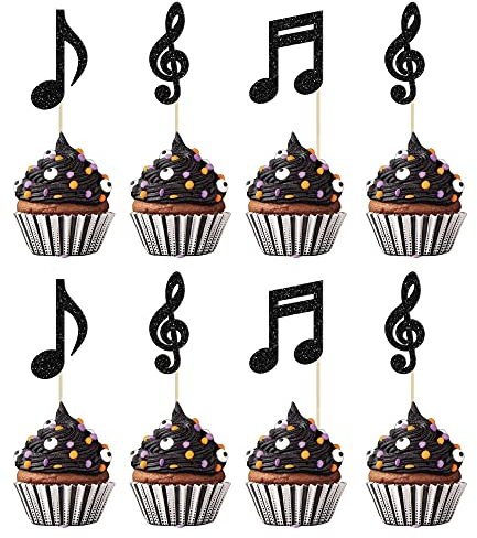 Gyufise 24pc Black Glitter Musical Symbol Cupcake Toppers for Music, Baby Shower, Wedding & Birthday Parties