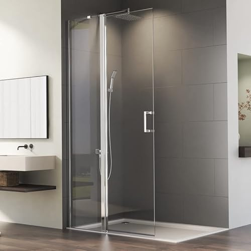 Walk-in Duschwand 75x185cm Schwingtür Dusche mit fester Segment | 6mm Nano ESG Sicherheitsglas, Begehbare Duschtrennwand Walkin Duschabtrennung, Duschtür mit 180° Teilschwenkung