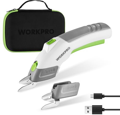 WORKPRO Cordless Electric Scissors with 2 Blades, 4V Rechargeable Powerful Shears Cutting Tool for Fabric, Leather, Carpet and Cardboard, Power Shears for Sewing, Scrapbooking, Crafting