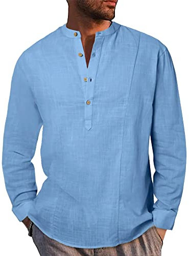 LVCBL Mens Cotton Linen Shirt Long Sleeve Button Down Henley Shirts Summer Beach Shirt Blue M