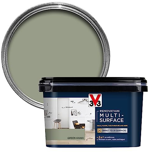 V33 Renovation Multi-Surface Paint - No Undercoat Needed - Over 20 Surfaces - Resistance To Water Stains & Impact - High Coverage - Khaki Green 2 Litres