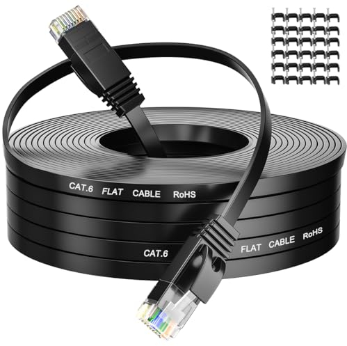 Cable Ethernet 30 Metros, Cable de Red Plano Latiguillo Rj45 Cat 6 Cable Network Gigabit Negro Alta Velocidad Cable Internet 30 Metros para Router, Módem, Switch