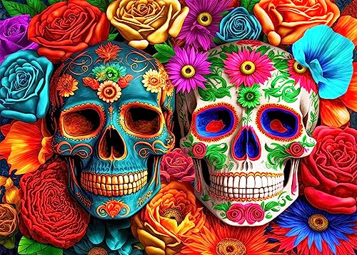 Puzzle 1000 Teile Erwachsene Puzzle farbenfrohes Legespiel-Bunter Blumen Schädel Home Dekoration