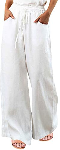 HosenträGer Marlene Hosen Damen Sommer Lederleggings Damen High Waist Baggy Hose Elastische Taille Hosen Weitem Bein Einfarbig Freizeithose Baumwolle Leinen Pants Regenhose Damen Wasserdicht (Weiß, L)