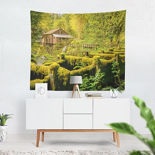 CEVAN Wandteppich Cartoon Kinder Strandtuch Waldhütte Wandteppich Für Kinder Zimmer Tapisserie Tuch Grün Wanddekoration Bedruckter Stoff 100X70 cm