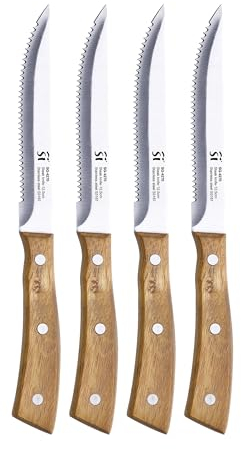 San Ignacio Agros - Juego De 4 Cuchillos Para Carne - Acero Inoxidable- Hoja Con Acabado Mate - Hoja 12.5cm - Mango De Madera de Acacia - Apto para Barbacoas - Agarre fiable
