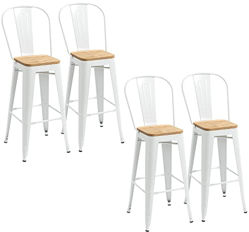 HOMCOM Juego de 4 Taburetes Altos de Cocina Apilables con Respaldo Alto Taburetes de Bar Sillas de Bar con Reposapiés Asiento de Madera y Marco de Acero Carga 120 kg 44x48x117 cm Blanco