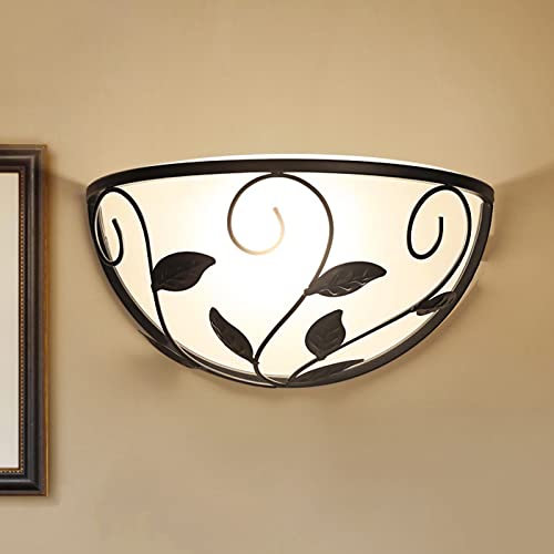 Applique murale, Appliques Murales, Applique Murale Chambre Demi-Lune V-intage Verre Blanc 1 Tête Éclairage Mural Noir Lampe Murale Décorative avec Design Feuille Compatible with Chambre Restaurant Co