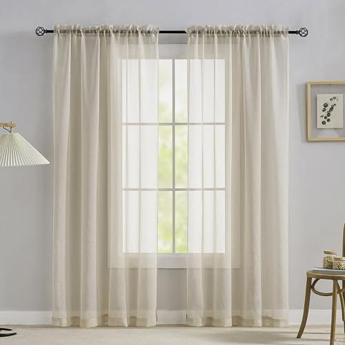 Home Brilliant Linen Look Curtains 96 Inches Long for Bedroom Living Room, Semi Transparent Net Curtains, Sheer Curtains for Privacy 54x96 Inch, Set of 2, 243 cm Drop, Linen