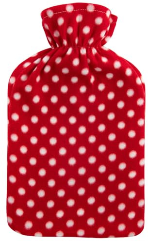 Hot Water Bottle with Fleece Cover 2L Check Polka Designs Warm Natural Rubber, Polka Red