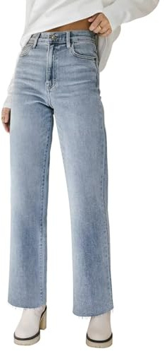 KDF Straight Leg Jeans for Women High Waisted Jeans Frayed Baggy Pants Raw Hem Loose Stretchy Cropped Wide Leg Jeans Light Blue Size 14