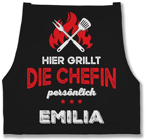 Schürze - Grillschürze Damen - Hier grillt die Chefin persönlich mit Name I Lustig Grillen Frauen I Geschenk Grillen personalisiert - 85x69 - Schwarz - grillschürzen für kochschürze lustige